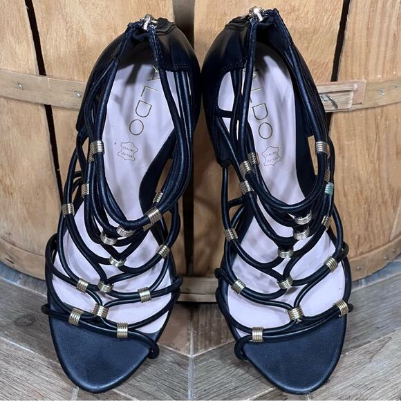 Aldo Peterbell Black Leather Gold Strappy Gladiator Open Toe Heels Womens 6.5 - Picture 11 of 14